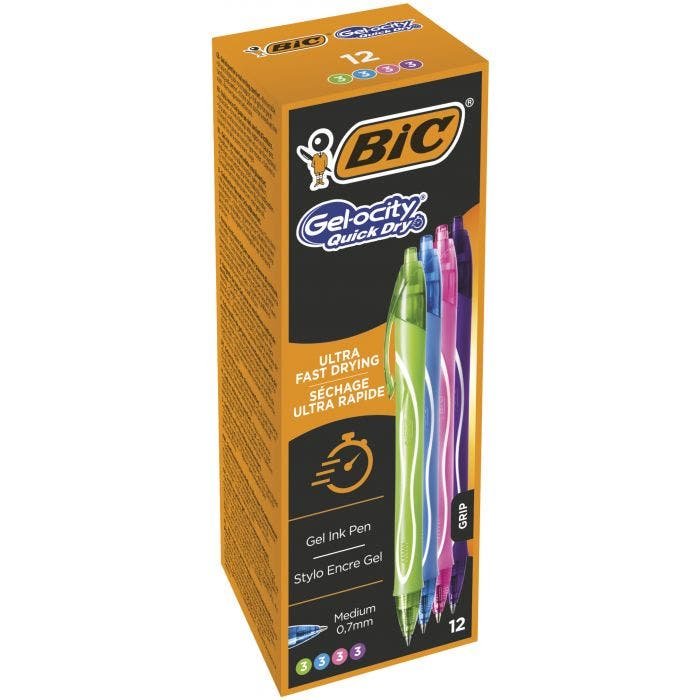 Bic Gel-Ocity Quick Dry Pack De 12 Boligrafos De Gel Retractil - Punta Media De 0.7 Mm - Tinta De Gel - Anti-Manchas - Secado Ultra Rapido - Colores Surtidos
