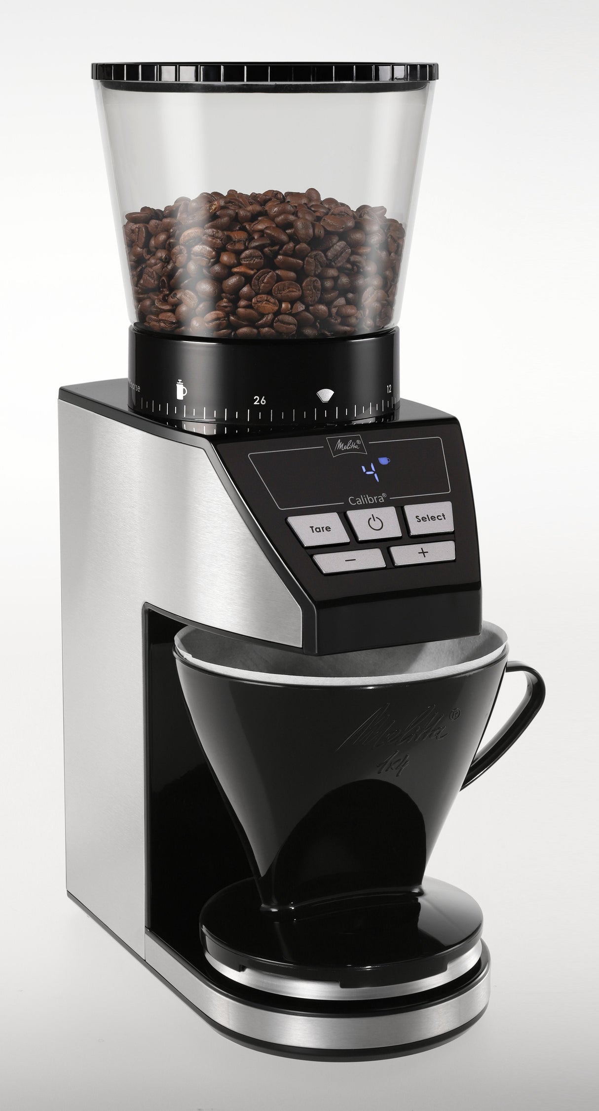 Molinillo De Café Melitta Calibra 1027-01 Eléctrico Cónico Con 39 Ajustes De Molienda, Apto Para Distintas Cafeteras, Moledor De Café Con Báscula Digital Y Pantalla Lcd, 200?G, Negro