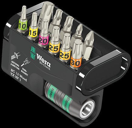 Wera Bit-Check 12 Wood Tx Hf 1, Juego De Puntas De 12 Piezas, 1/4", Función De Retención, En Caja Plegable De Plástico 5057435001