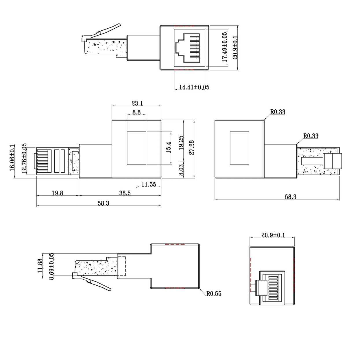Adaptador De Cable De Red Inline Cat.6a, Enchufe/Toma Rj45, Acodado 90° A La Derecha