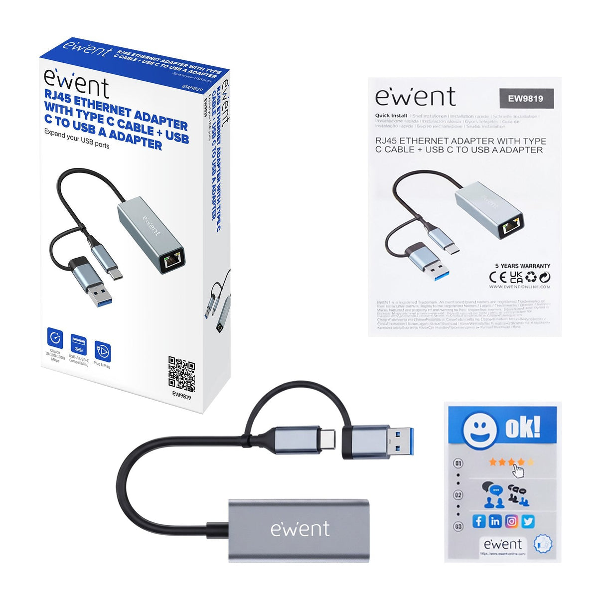 Adaptador Ethernet Ewent Ew9819 Rj45 Usb-C Usb-A Gigabit 1000mbps