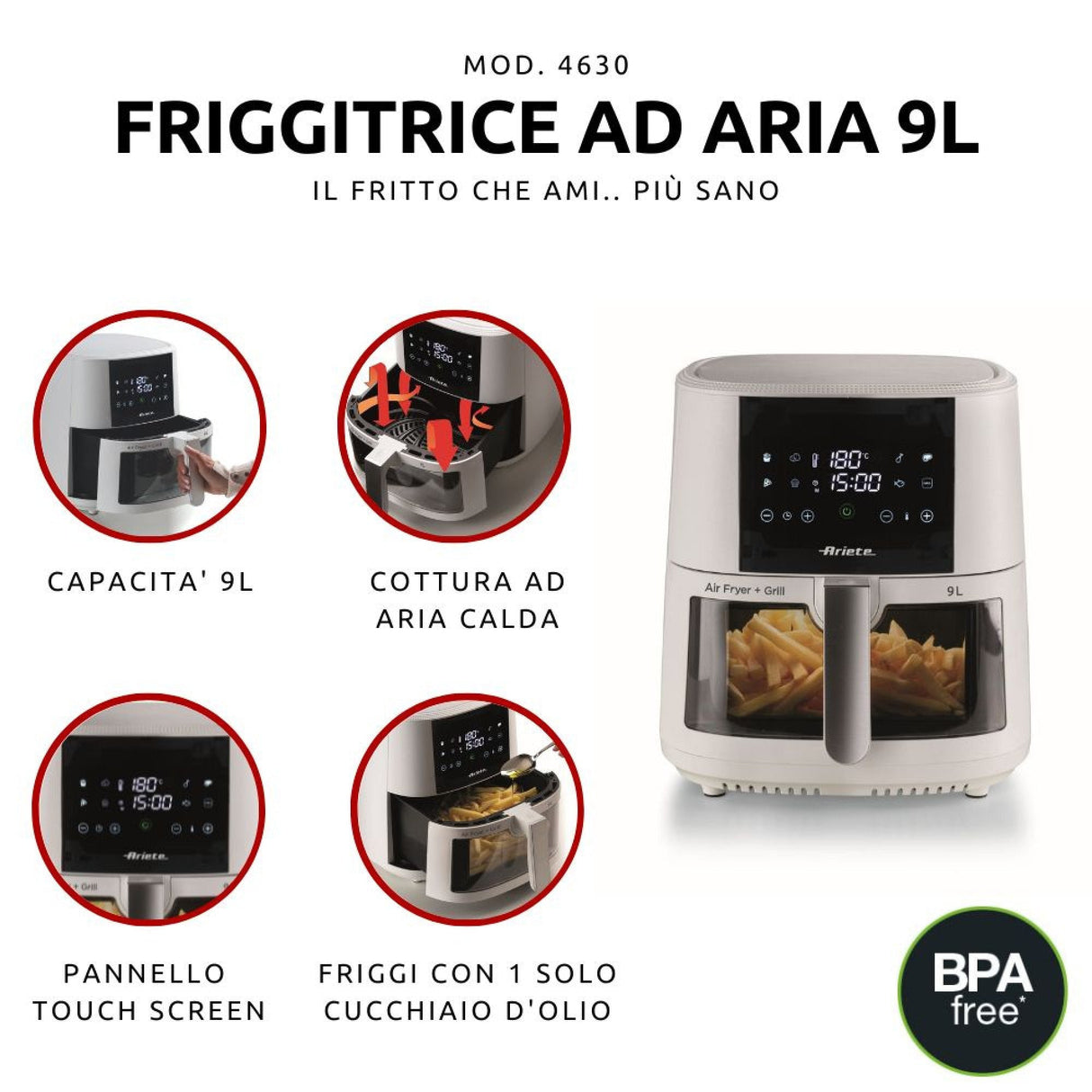 Ariete Freidora 9 L (Blanco, 1.500 Watt, Korb 9 Liter, Mit Sichtfenster) 4630w