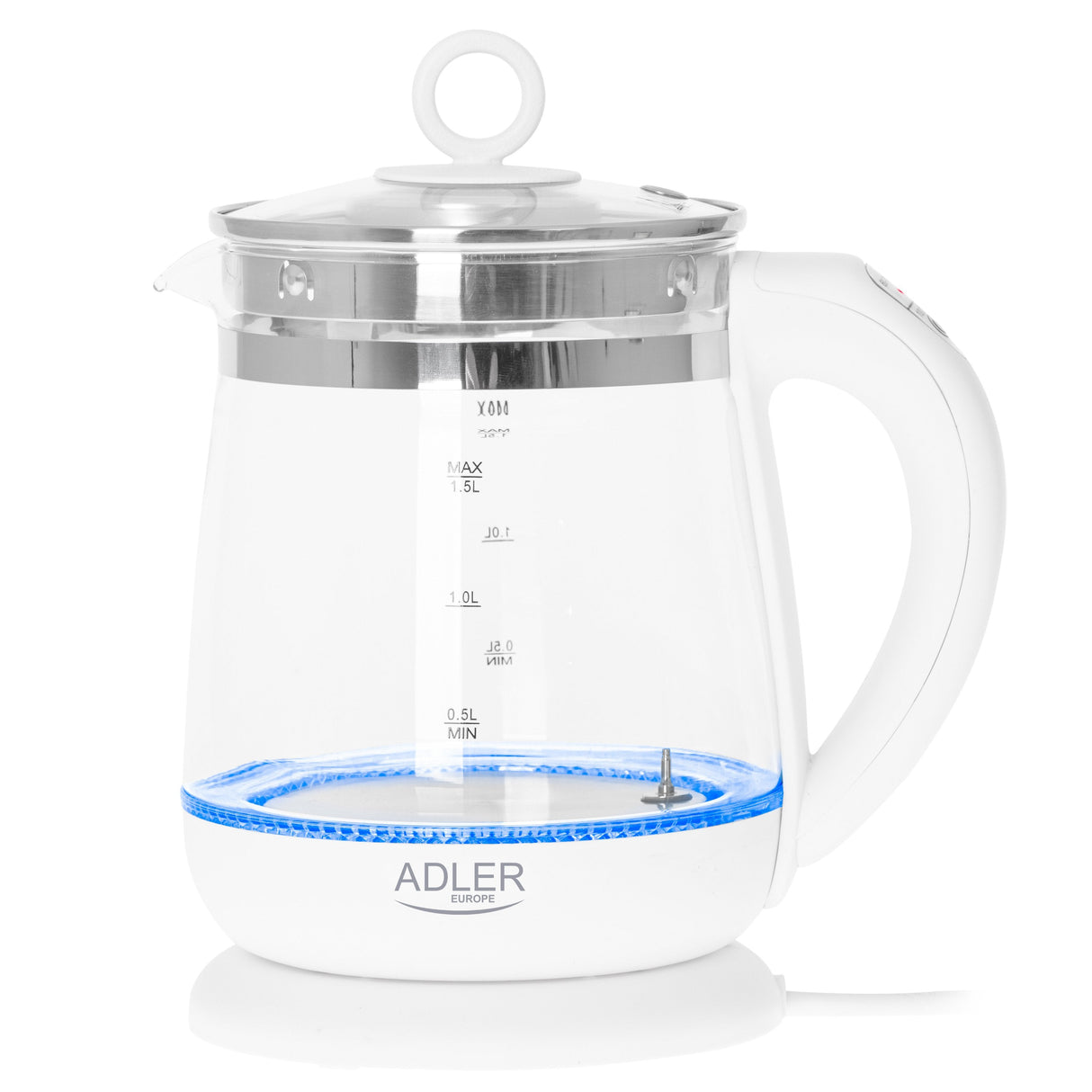 Adler Kettle Ad 1299 Elã©Ctrico, 2200 W, 1,5 L, Vidrio/Acero Inoxidable, Base Giratoria De 360â°, Blanco