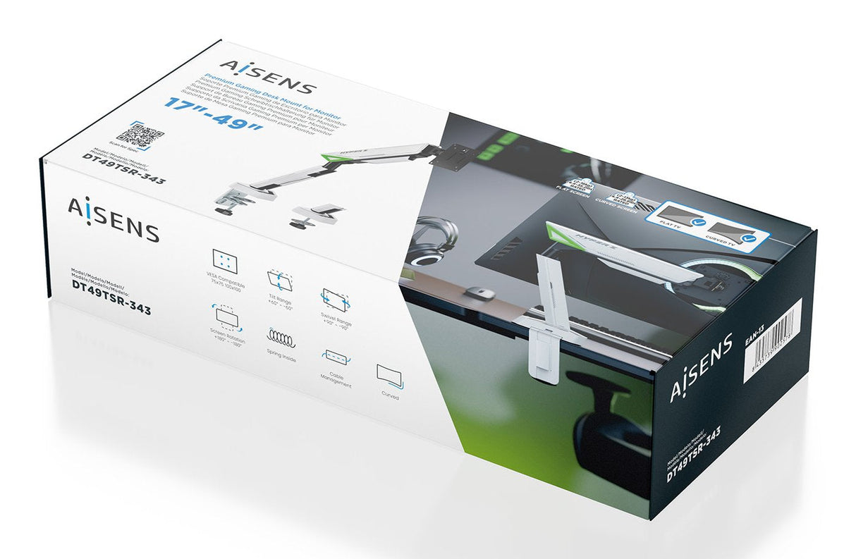 Aisens Soporte De Mesa Gaming Contrapeso Giratorio E Inclinable Para Monitor/Tv 16kg (3 Pivotes, 1 Brazo) De 17-49, Negro-Blanco