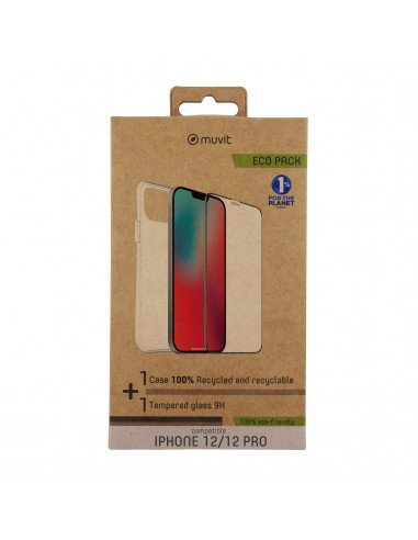 Pack Muvit For Change Mcpak0040 Para Iphone 12 / 12 Pro Funda Cristal Soft + Protector Vidrio Templado Plano Marco Negro