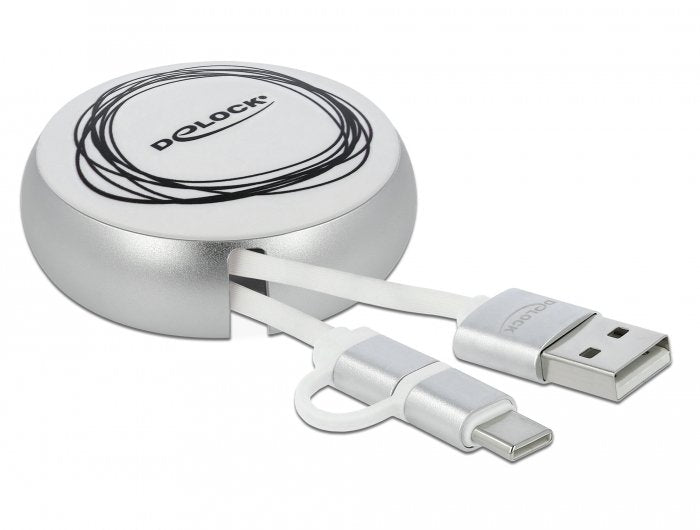 Delock Usb 2.0 2 In 1 Aufrollcable Typ-A Zu Micro-B Und Lightning 8 Pin Weiss Gold