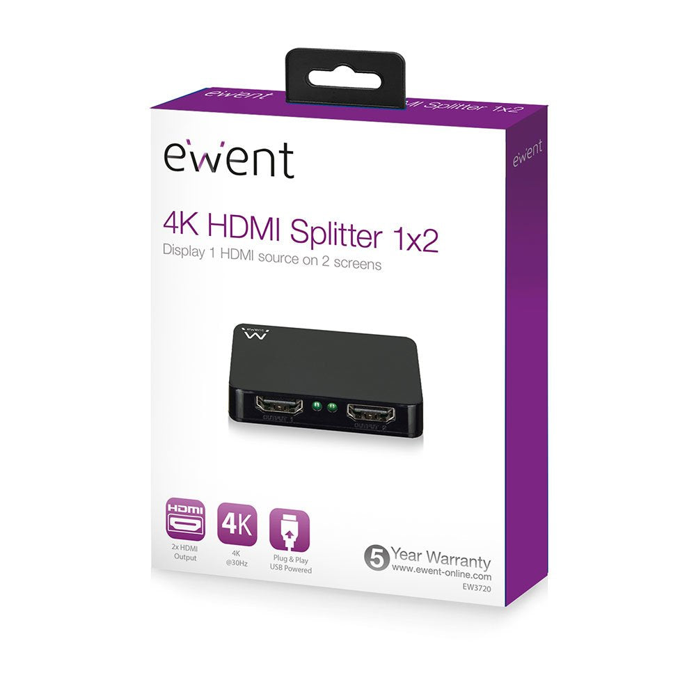 Ewent Splitter Activo Hdmi De 1 A 2, Soorta 4k A 30hz ,Usb Powered