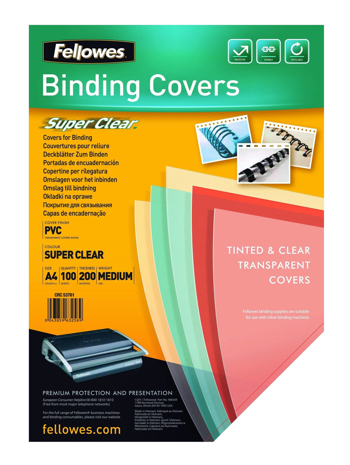 Fellowes Pack De 100 Portadas Para Encuadernar De Pvc A4 - 150 Micras - Muy Resistentes - Transparente
