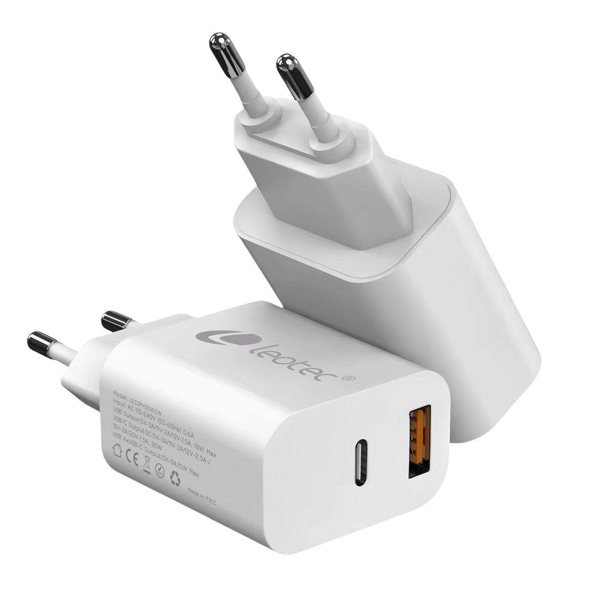 Cargador Pared/Viaje Usb-C/Pd + Usb-A 30w Blanco Leotec Cargador 30w Gan Carga Rapida 1 Usb-C Pd + 1 Usb-A Blanco (Compatible Con Apple Y Samsung)