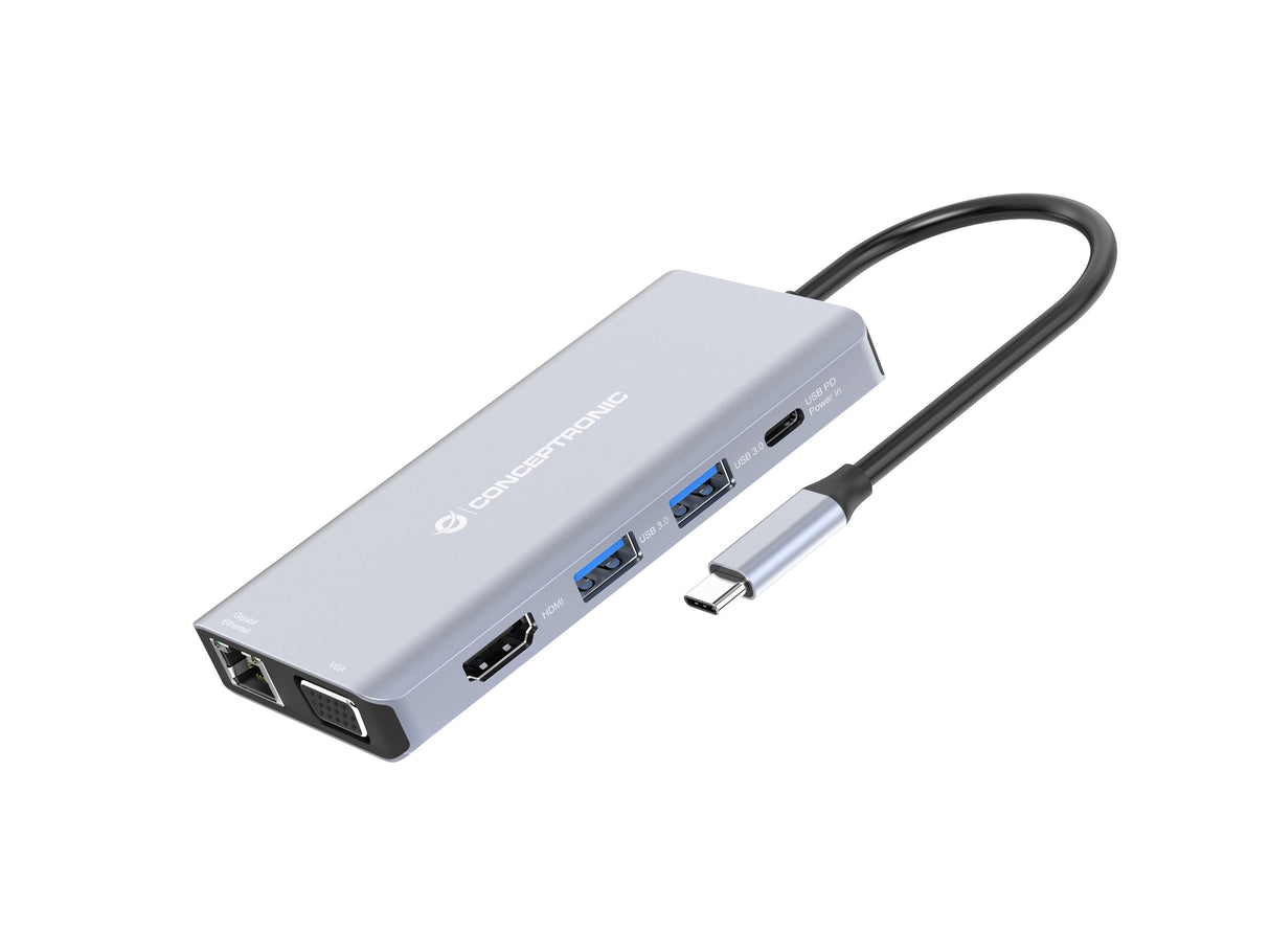 Dock Usb-C 10in1 Conceptronic Hdmi Vga Usb 3.0 Usb-A Audio Lan Gigabit Lector De Tarjetas Usb-C Pd 100w