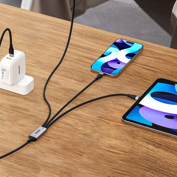 Cable Unitek C14101agy01-1.5m Usb-C 3in1 To Lightning Usb-C Micro Usb Multi Charging Black