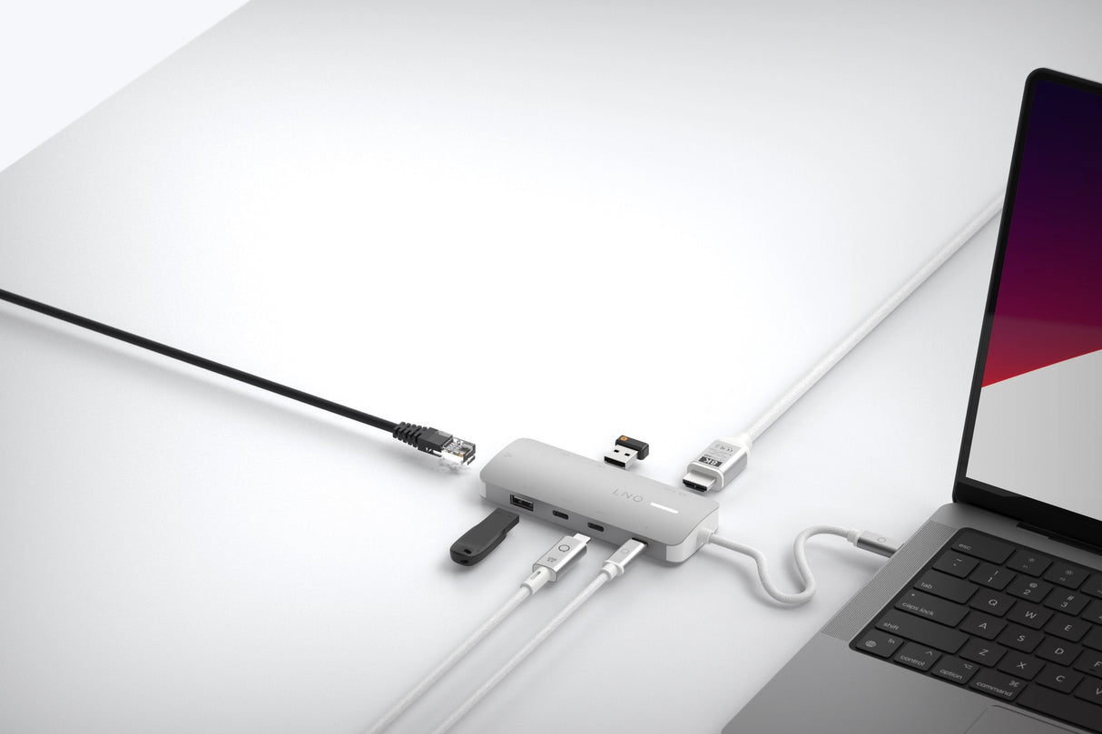 Hub 8 Puertos 8k Pro Usb-C 140w Gris Linq Usb-C/ 1xusb3.2, 1xhdmi, 1xusb-C Pd Hasta 140w, 2xusb-C, 1xrj45 2,5gbps, 2xusb-A