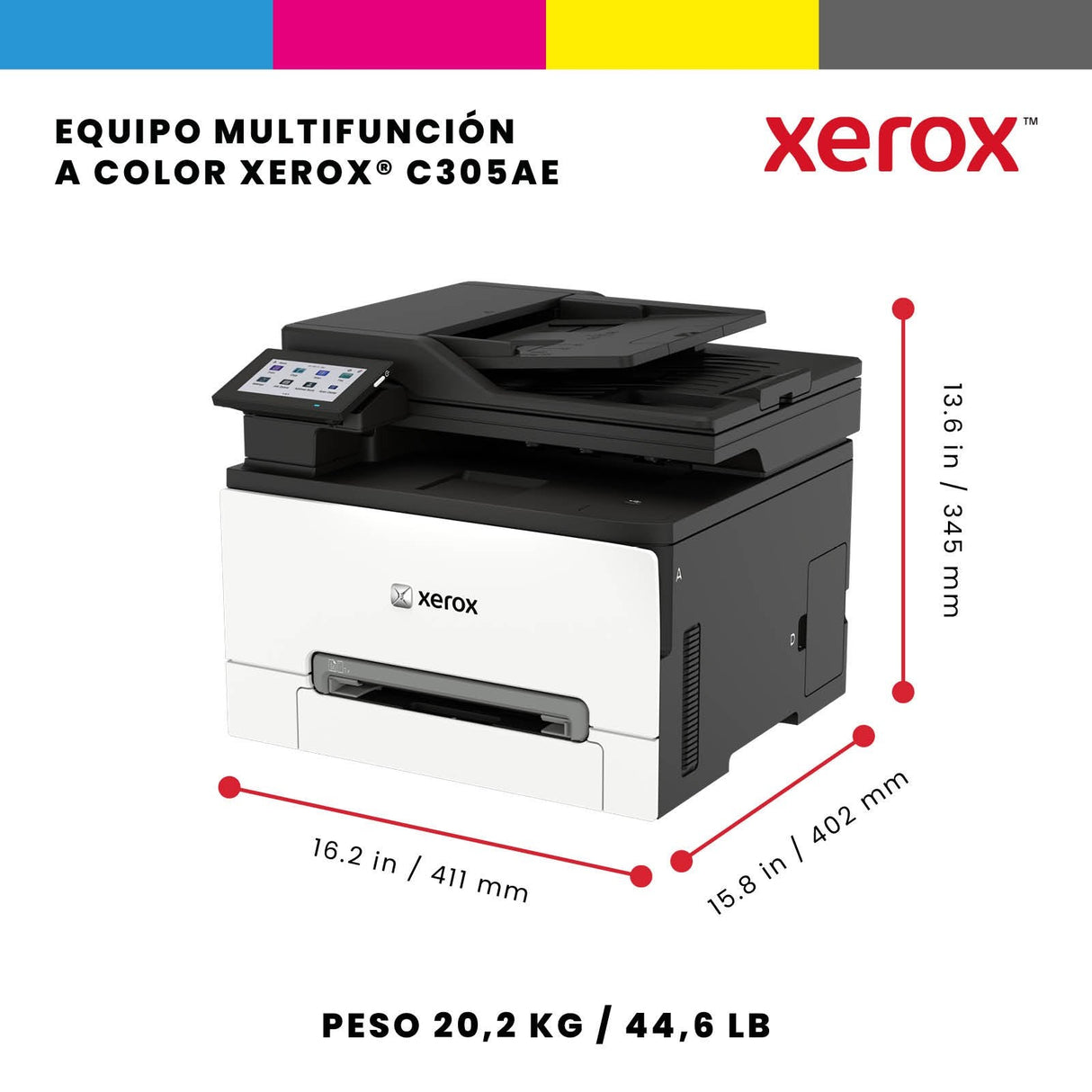 Xerox C305v/Aeeu Impresora Multifunción Color Laser A4/Legal (Material) Hasta 30 Ppm (Copiando) Hasta 30 Ppm (Impresión) 250 Hojas 33.6 Kbps Usb 2.0 Gigabit Lan Wi-Fi(Ac) Host Usb 2.0
