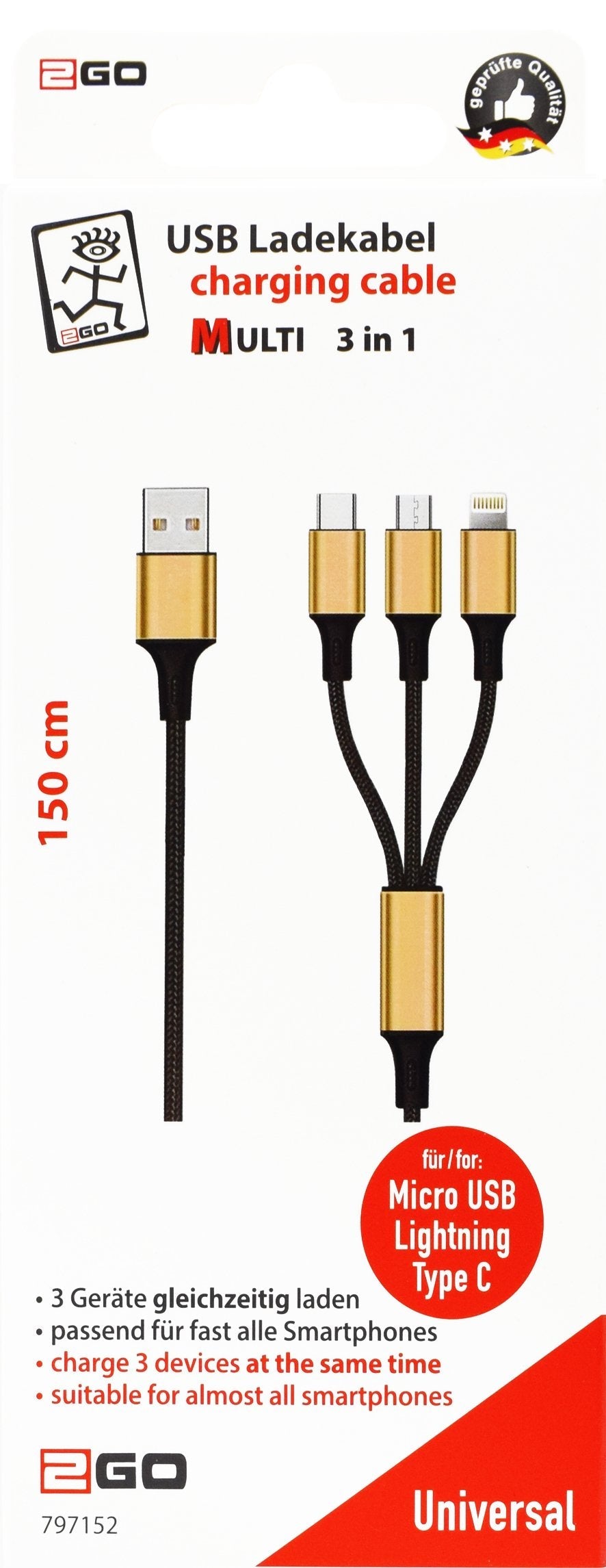 2go 3in1 Usb Cable De Carga Micro-Usb,Apple,Typec Nylon 1,5m Gold
