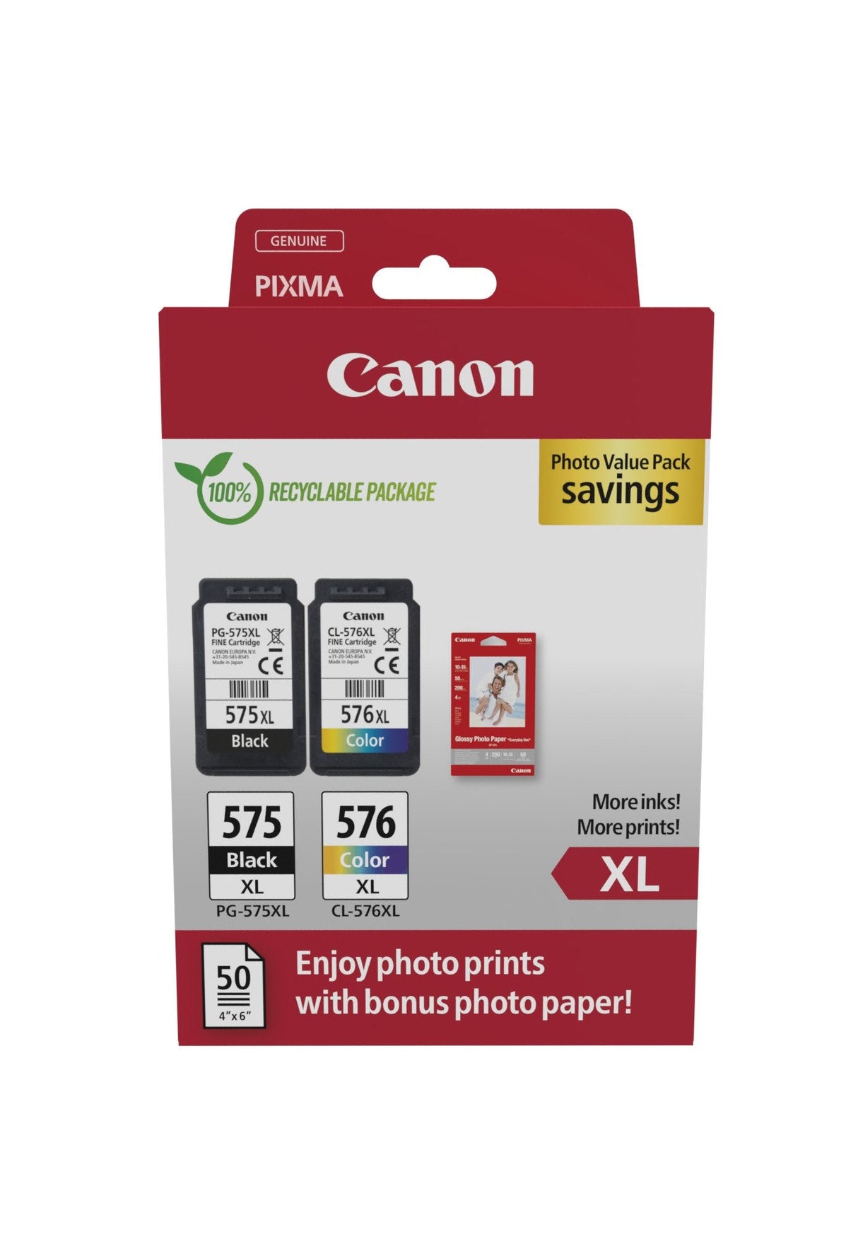 Canon Pg-575xl/Cl-576xl Multipack De 2 Cartuchos De Tinta Originales + 50 Hojas De Papel Fotografico - 5437c006