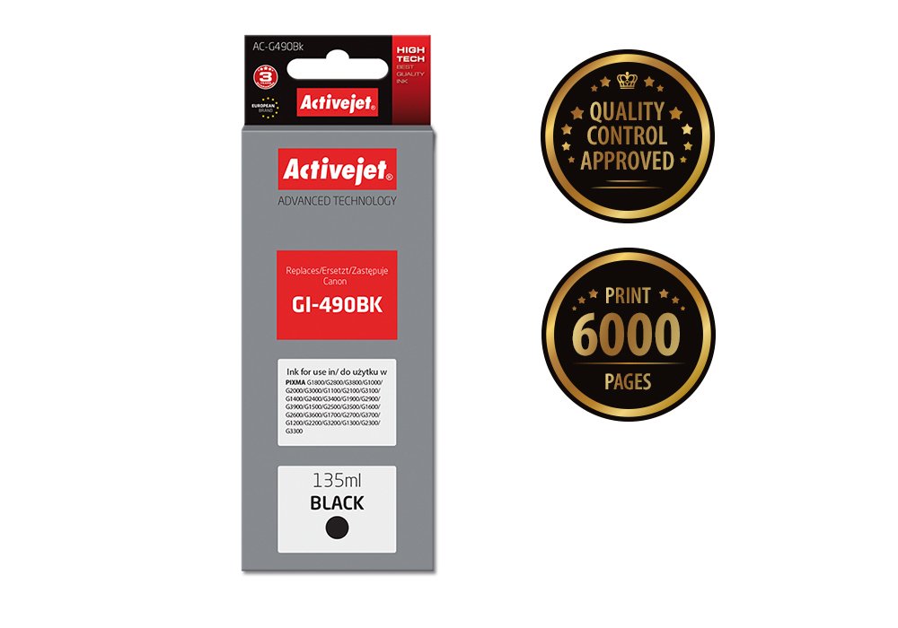 Tinta Activejet Ac-G490bk (Reemplazo Para Canon Gi-490bk - Supreme - 135 Ml - Negra)