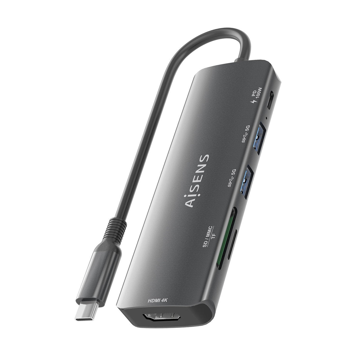 Aisens Usb-C Dock 6 En 1, Usb-C A 1xhdmi, 2xusb-A, 1xusb-C Pd 100w, 1xsd, 1xmicro Sd, Gris, 15cm