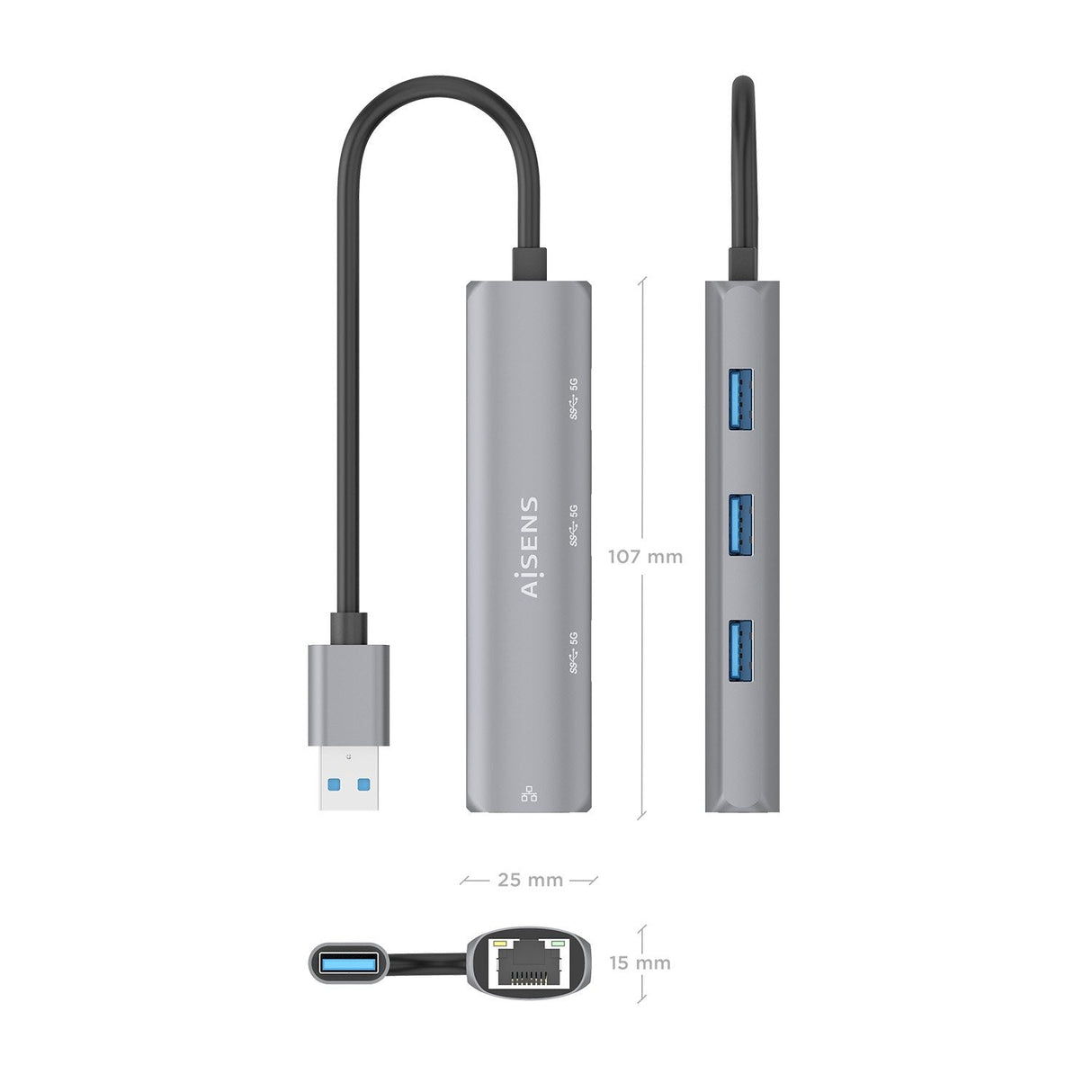 Aisens Usb3.0 Dock Usb-A A Ethernet Gigabit + Hub 3xusb-A, Gris, 15cm