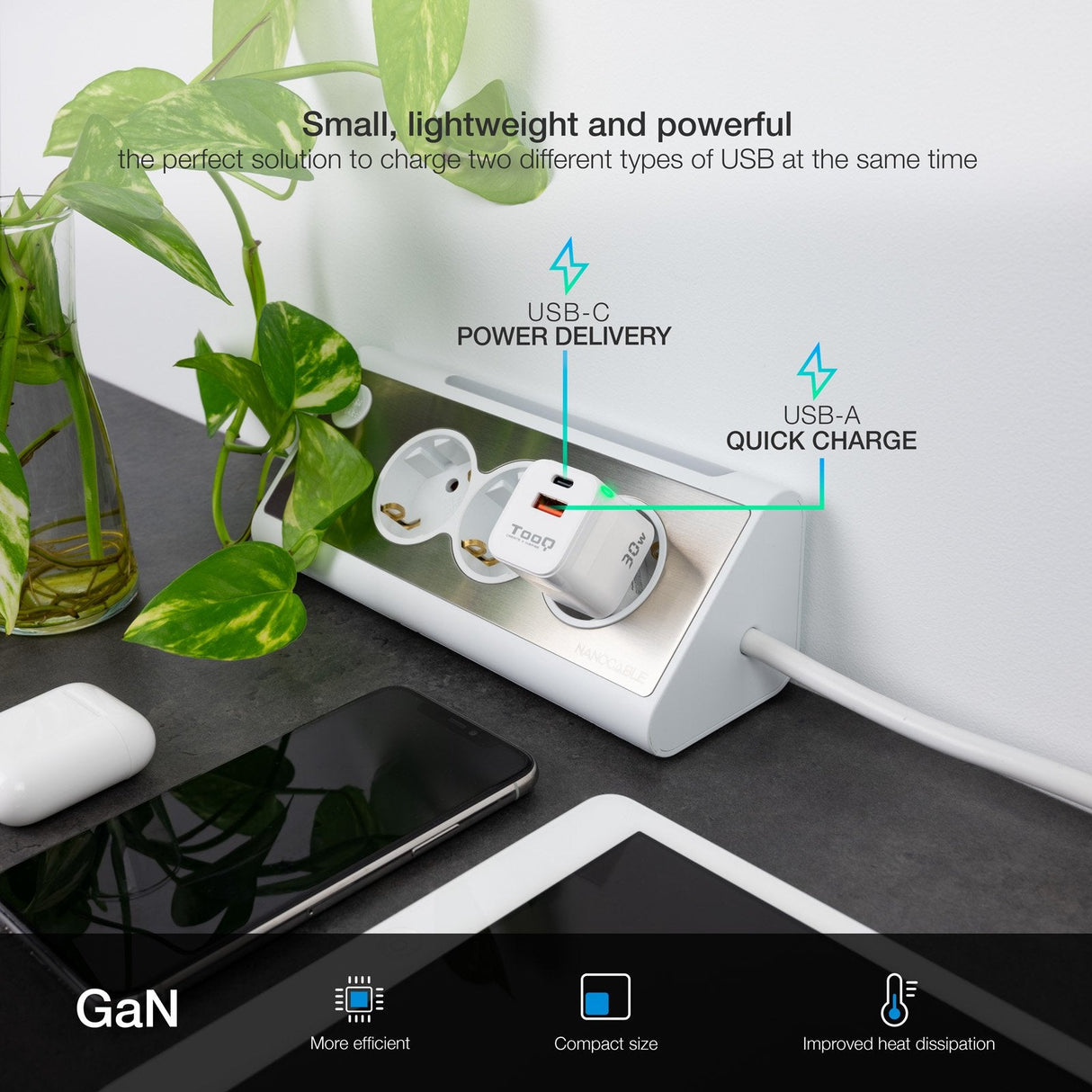 Tooq Cargador De Pared Gan Usb-C/Pd + Usb-A/Qc 30w - Blanco