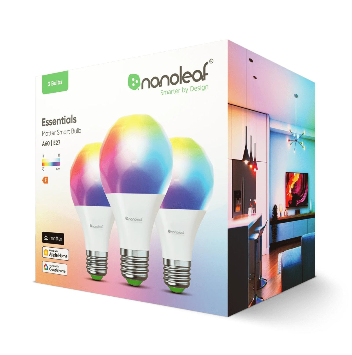 Nanoleaf Essentials Smart A60 Bulb E27 Matter 9w 806lm Rgbcw 2700-6500k, 3pcs Pack