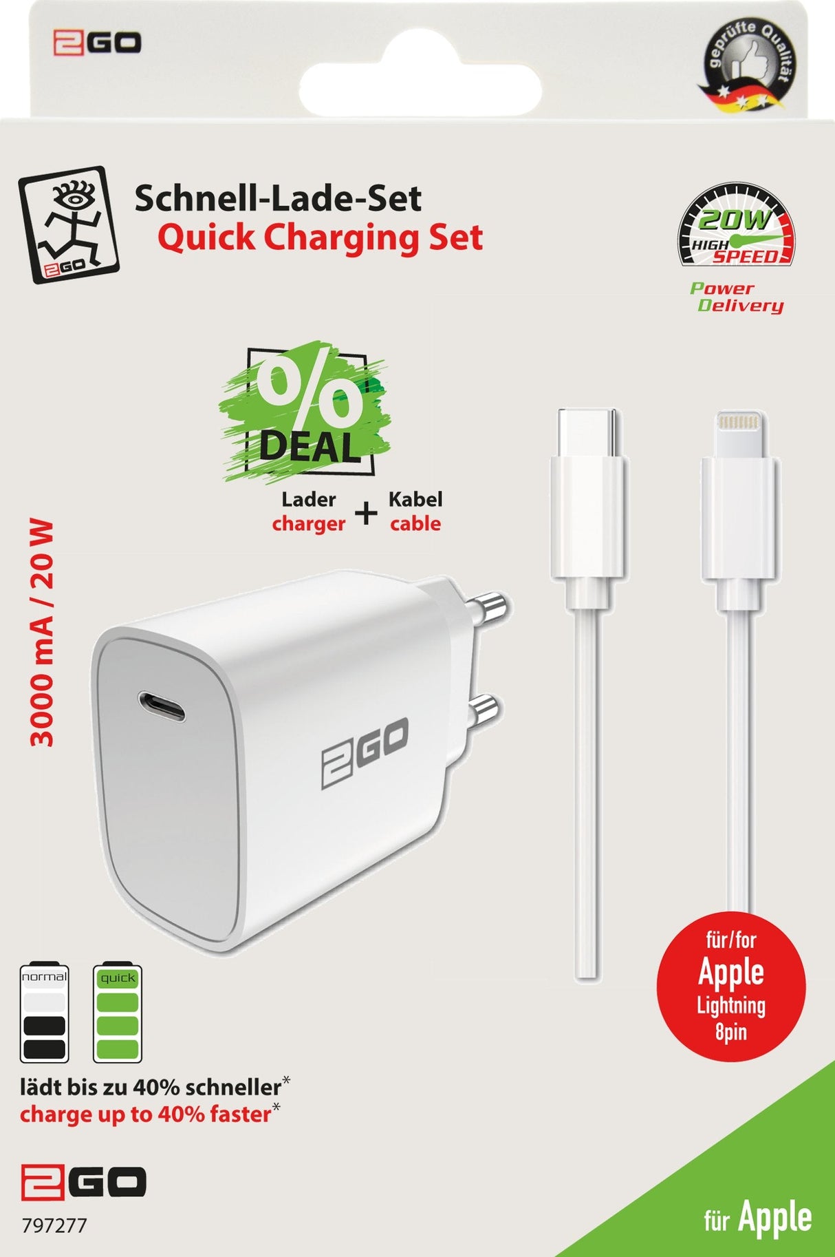 Cargador 2go Netz-Ladeset Power Delivery Blanco Lightning 1x Usb Type C