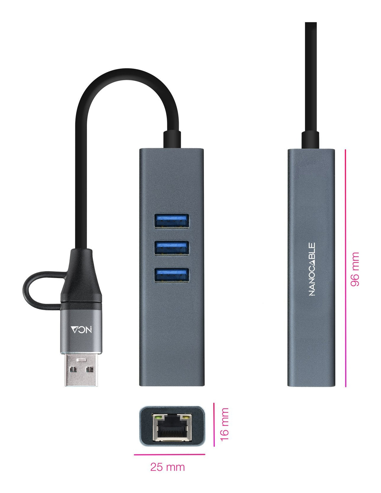 Hub Usb + Usb Tipo-C 3.0 Nanocable 10.03.0412 3xusb 1xrj45 Gris