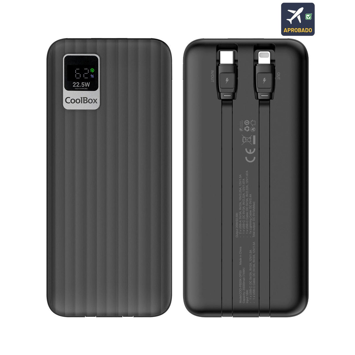 Coolbox Dp20 Powerbank 20000mah 22.5w Pd Y Qc - Usb-C Y Lightning - Pantalla Lcd - Negro