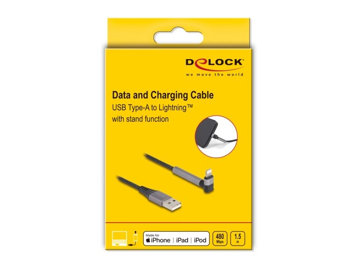 Delock 85404 Cable De Datos Y Carga Usb Tipo-A A Lightning Para Iphone, Ipad, Ipod Acodado Con Función De Soporte Negro 1,5 M Mfi