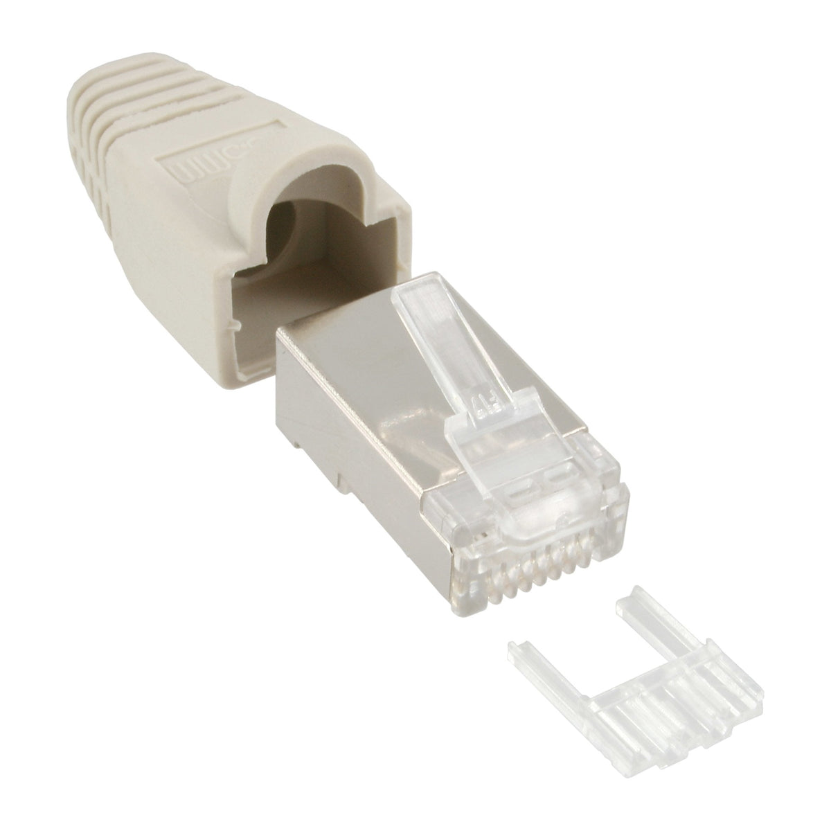 100 Conectores Inline Rj45 8p8c Blindado Con Enhebrador + Protección Contra Dobleces Gris 100 Uds.