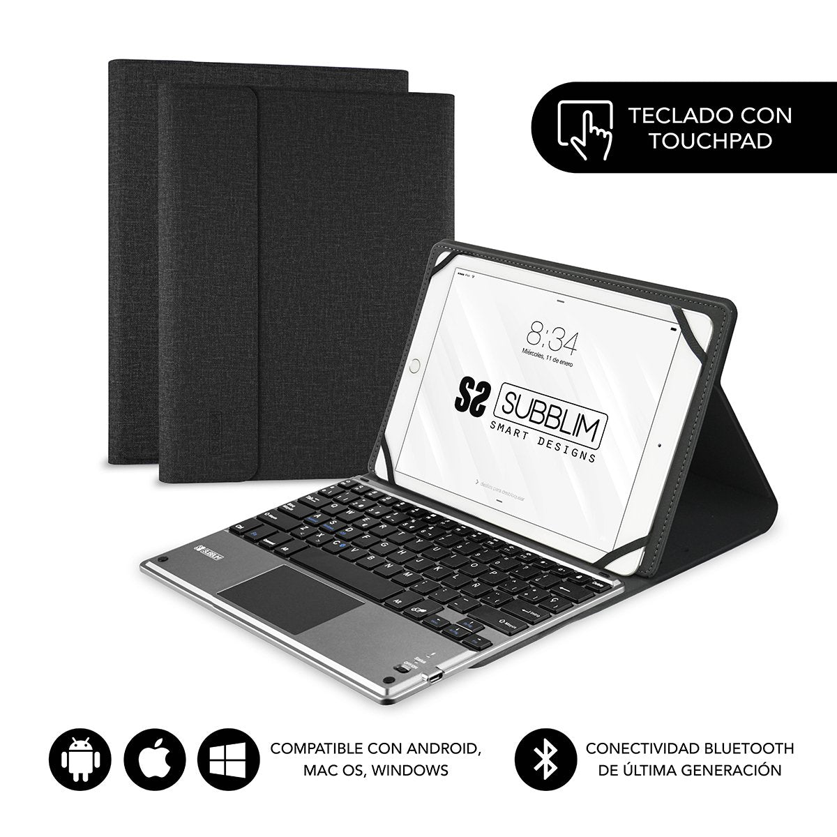 Funda Con Teclado Subblim Keytab Pro Bluetooth Touchpad Para Tablets De 10.1'-10.8' Negra
