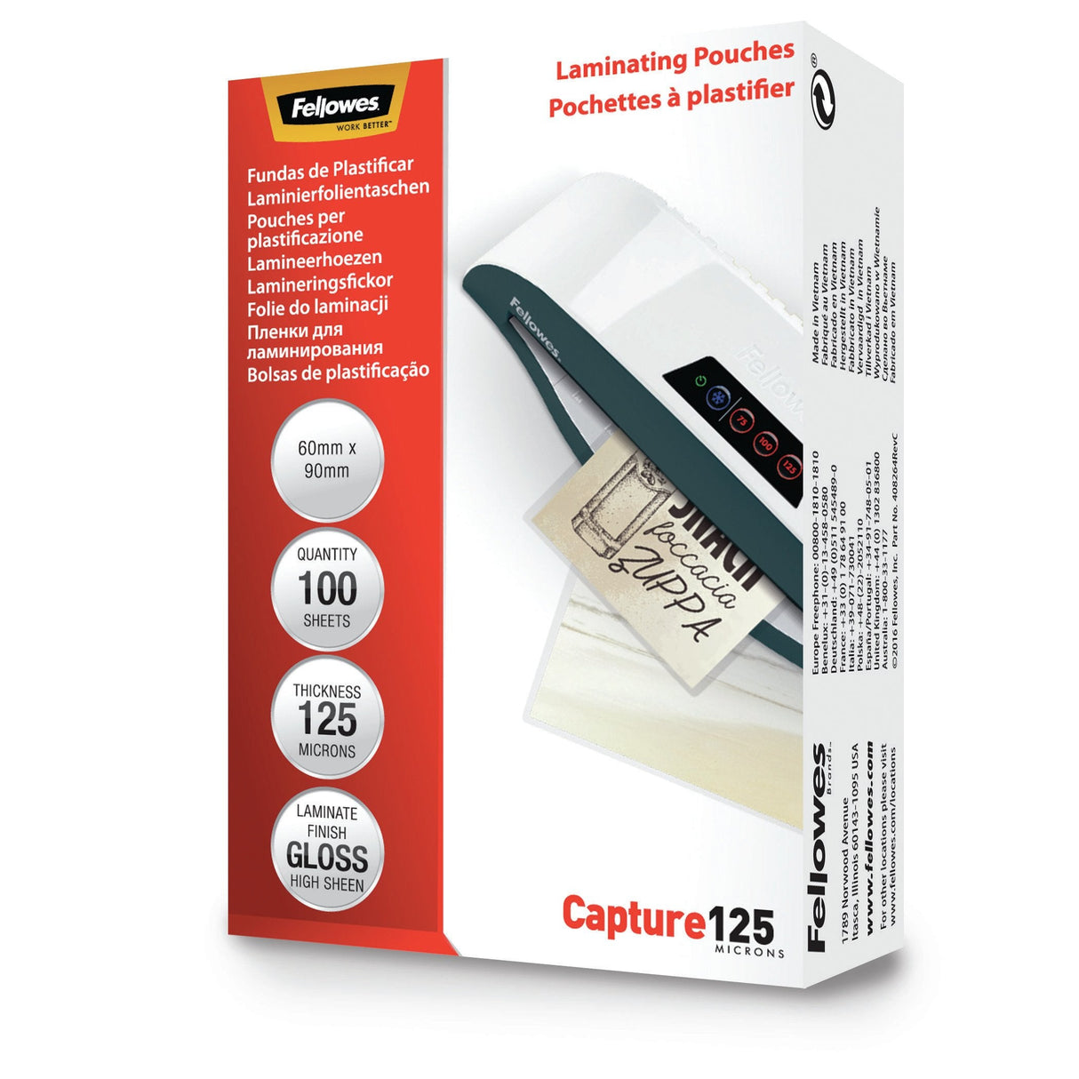 Fellowes Pack De 100 Fundas Para Plastificar Brillo Para Tarjetas 60 X 90mm - 125 Micras - Alta Calidad - Transparente