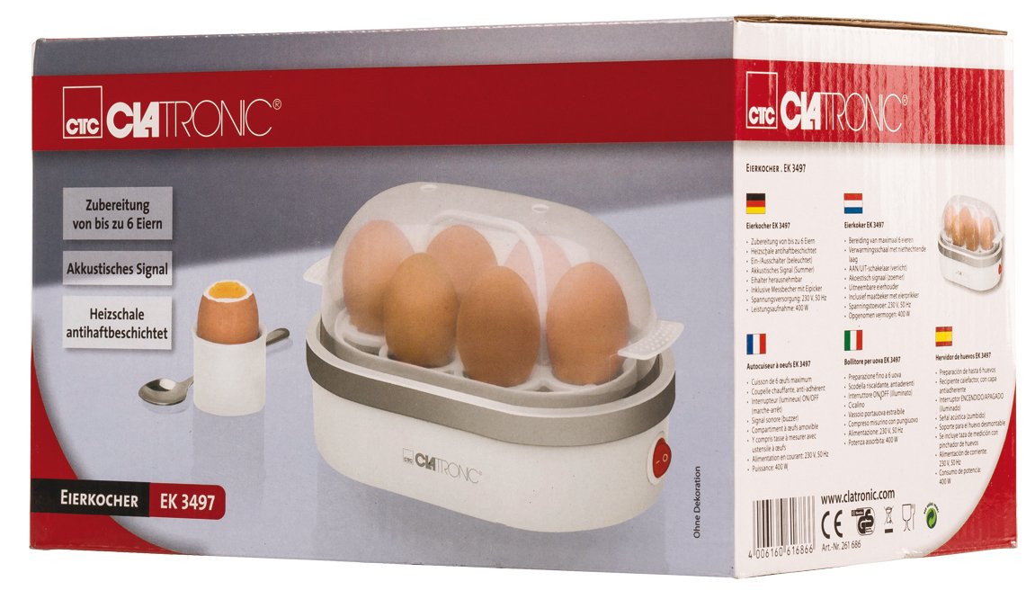 Cuecehuevos Clatronic Ek 3497 - Para 6 Huevos Cocidos, 400 W, Color Blanco