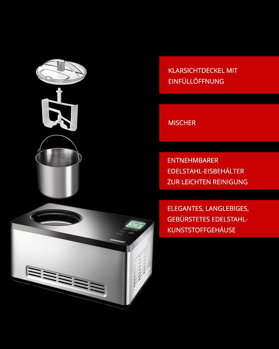 EAN 4011689488450 - Unold 48845 máquina para helados Compresor de helados 2 L 180 W Negro, Acero inoxidable imagen 4