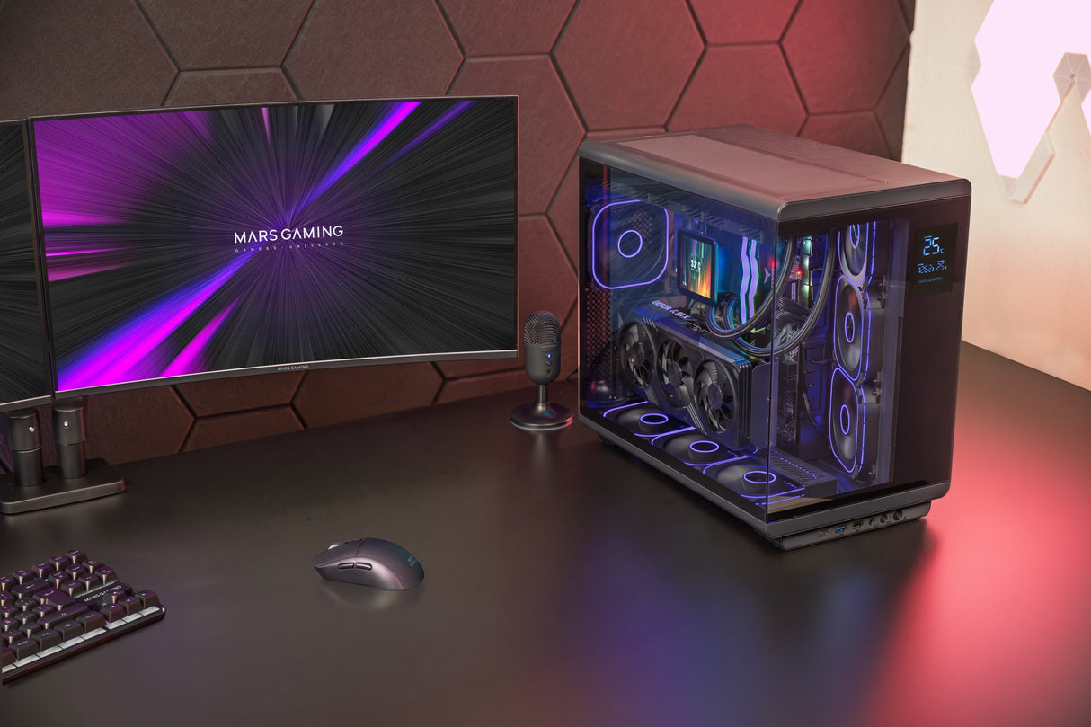 Caja Pc Atx Mars Gaming Mc-Revpro Pantalla Lcd 4.3" Cristal Templado 4x Ventiladores Argb Black