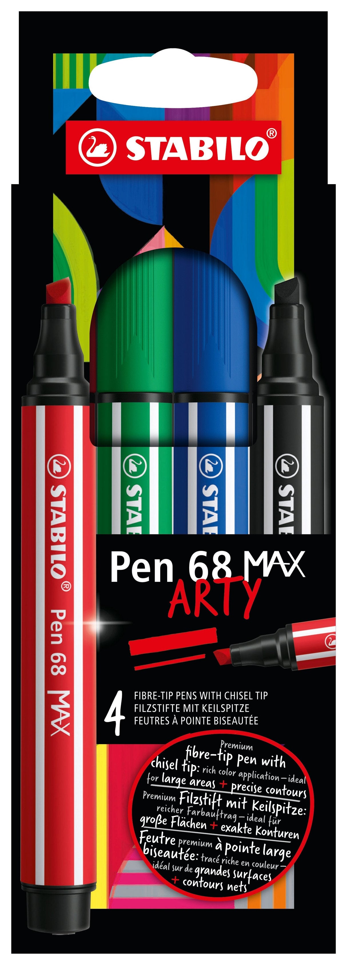 Stabilo Pen 68 Max Arty Pack De 4 Rotuladores - Punta De Fibra Biselada - Trazo Entre 1-5mm Aprox. - Tinta A Base De