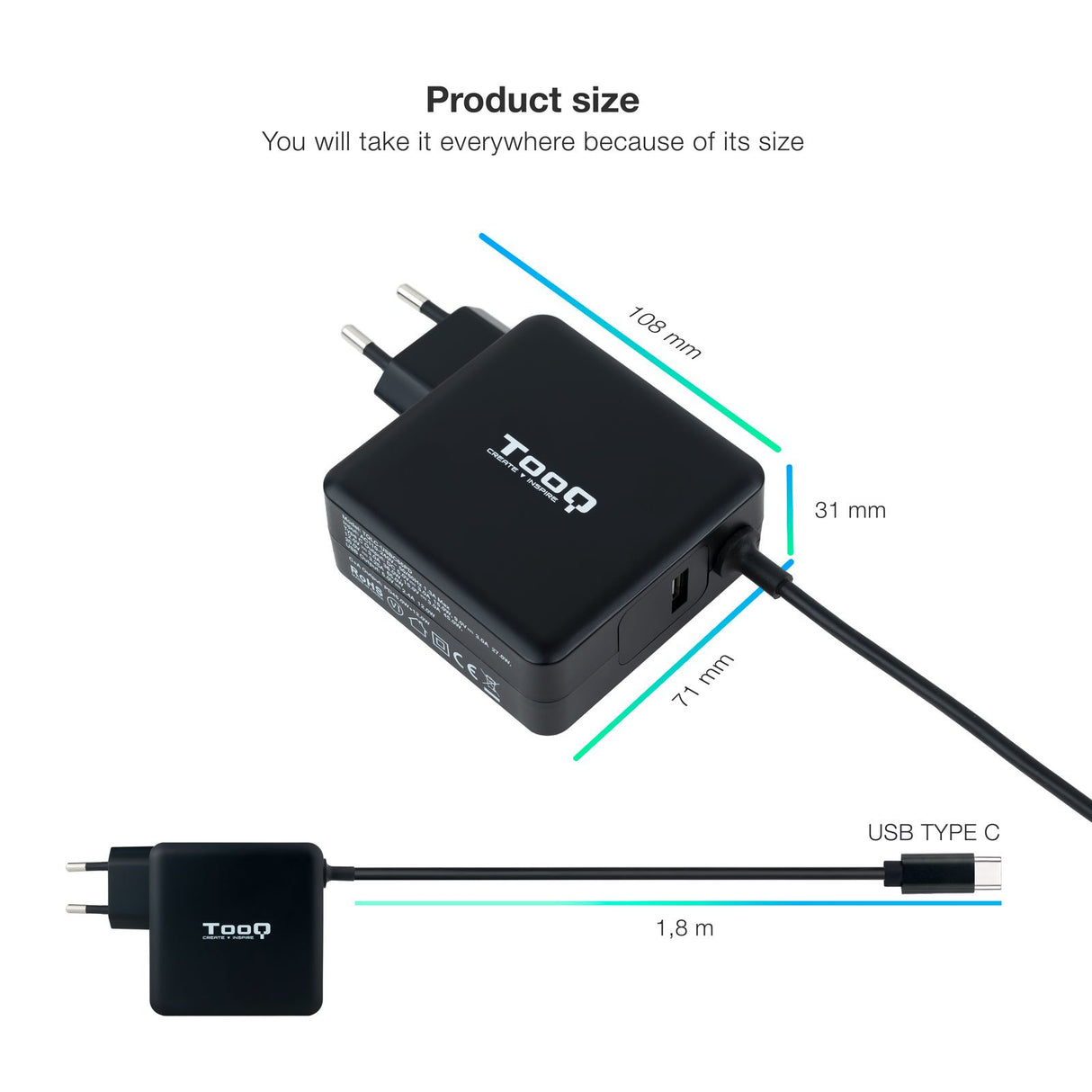 EAN 8433281011984 - TooQ TQLC-USBC65PD adaptador e inversor de corriente Interior 65 W Negro imagen 3