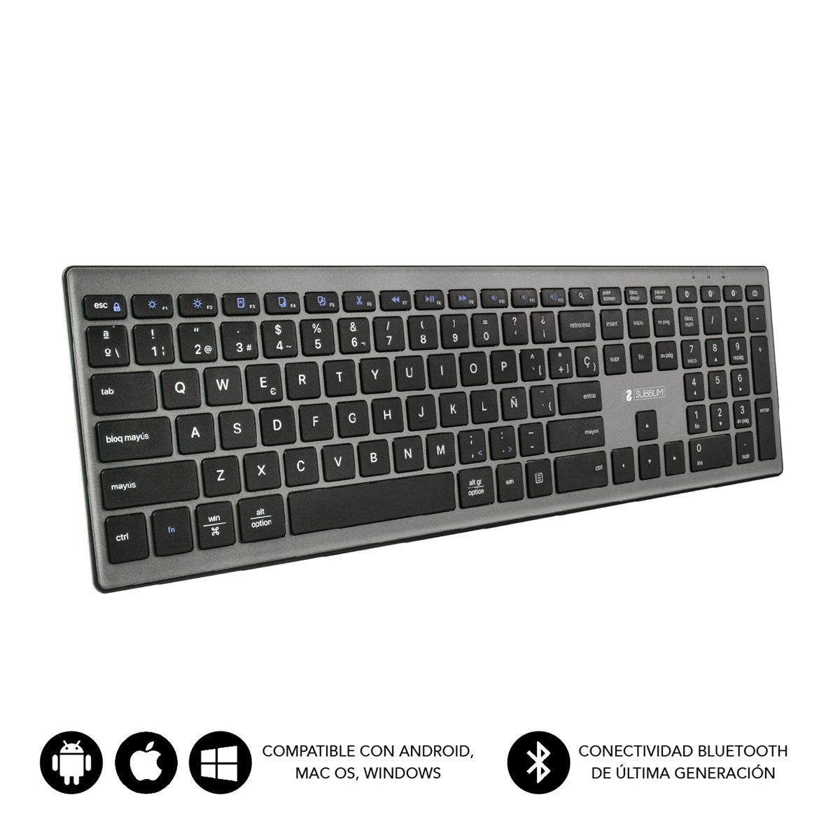 Teclado Español Pure Extended Grey Subblim Bluetooth 5.1/ Multidispositivo Hasta 3 Dispositivos