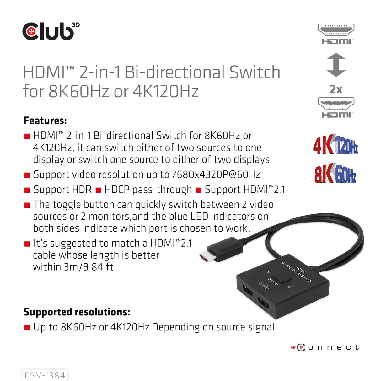 Club3d Hdmi Switch 2-In-1 Bidirektional 8k60hz 4k120hz Uhd Retail