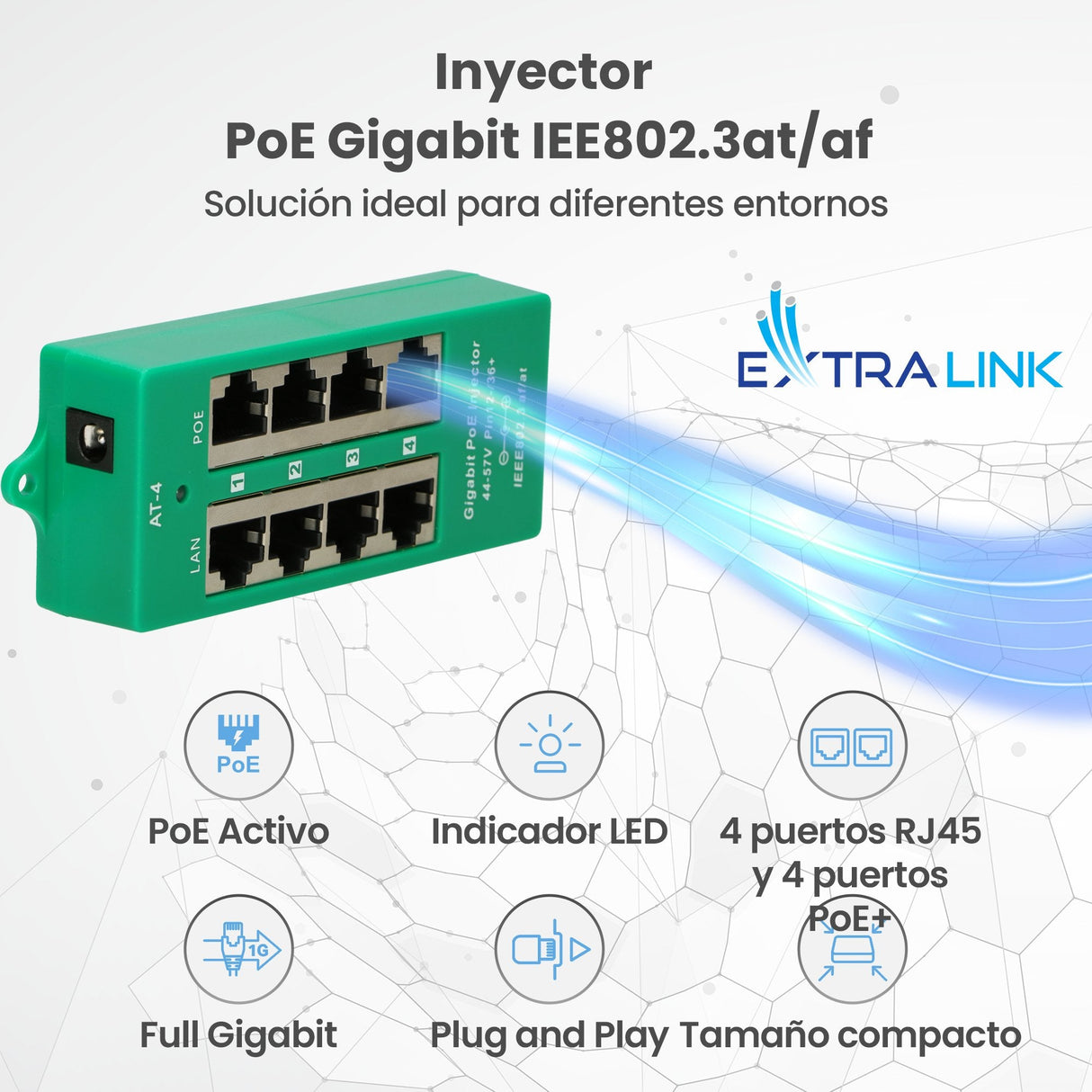 Extralink Active Poe Injector 4 Port Gigabit 802.3at/Af Mode A