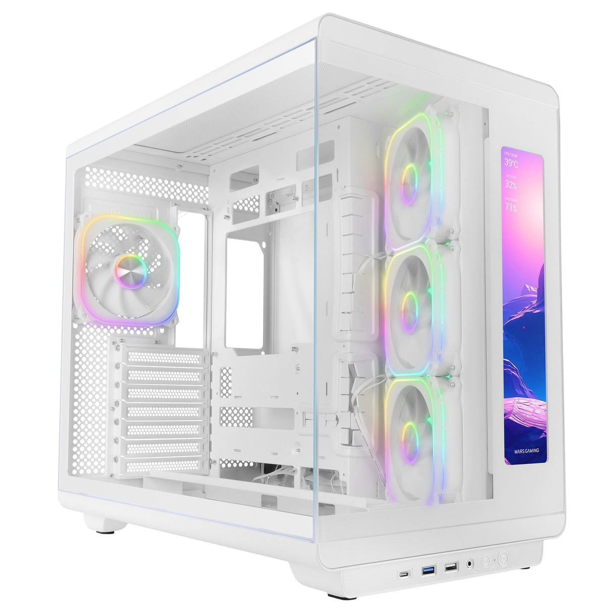 Caja Pc Atx Mars Gaming Mc-Revmaxw Pantalla Lcd 11.8" Cristal Templado 4x Ventiladores Argb Blanco