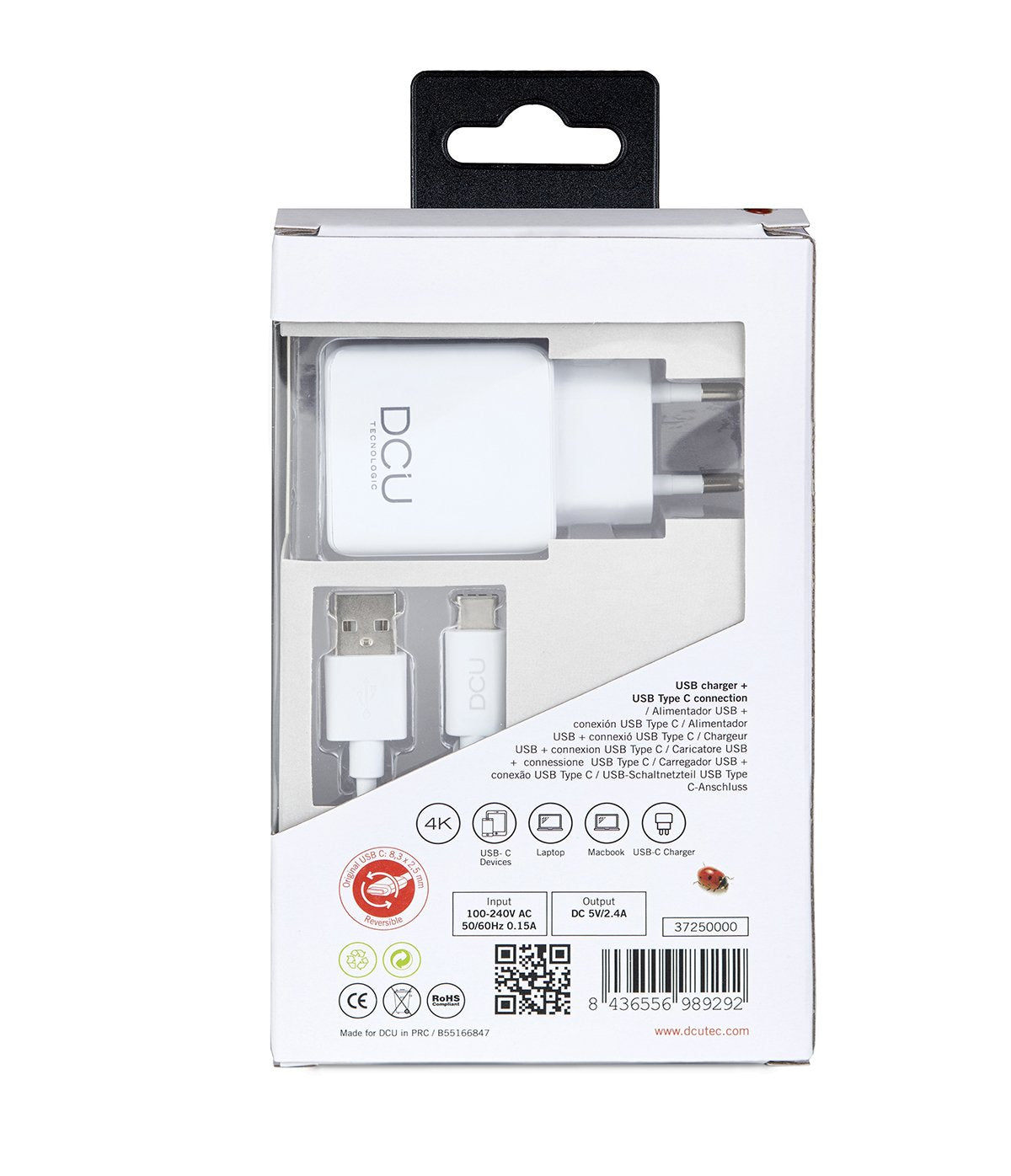Dcu Cargador Blanco Pared 5v 2.4a + Cable Conector Usb A Tipo C 1m