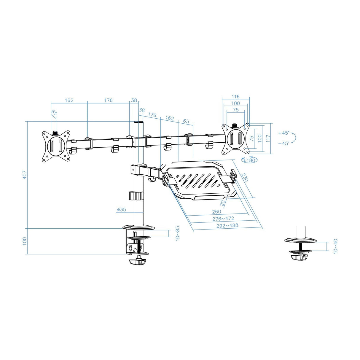 Tooq Soporte De Mesa Para 2 Monitores De 17"-32" + Bandeja Para Portatil - Gestion De Cables - Peso Max 9kg X Brazo -
