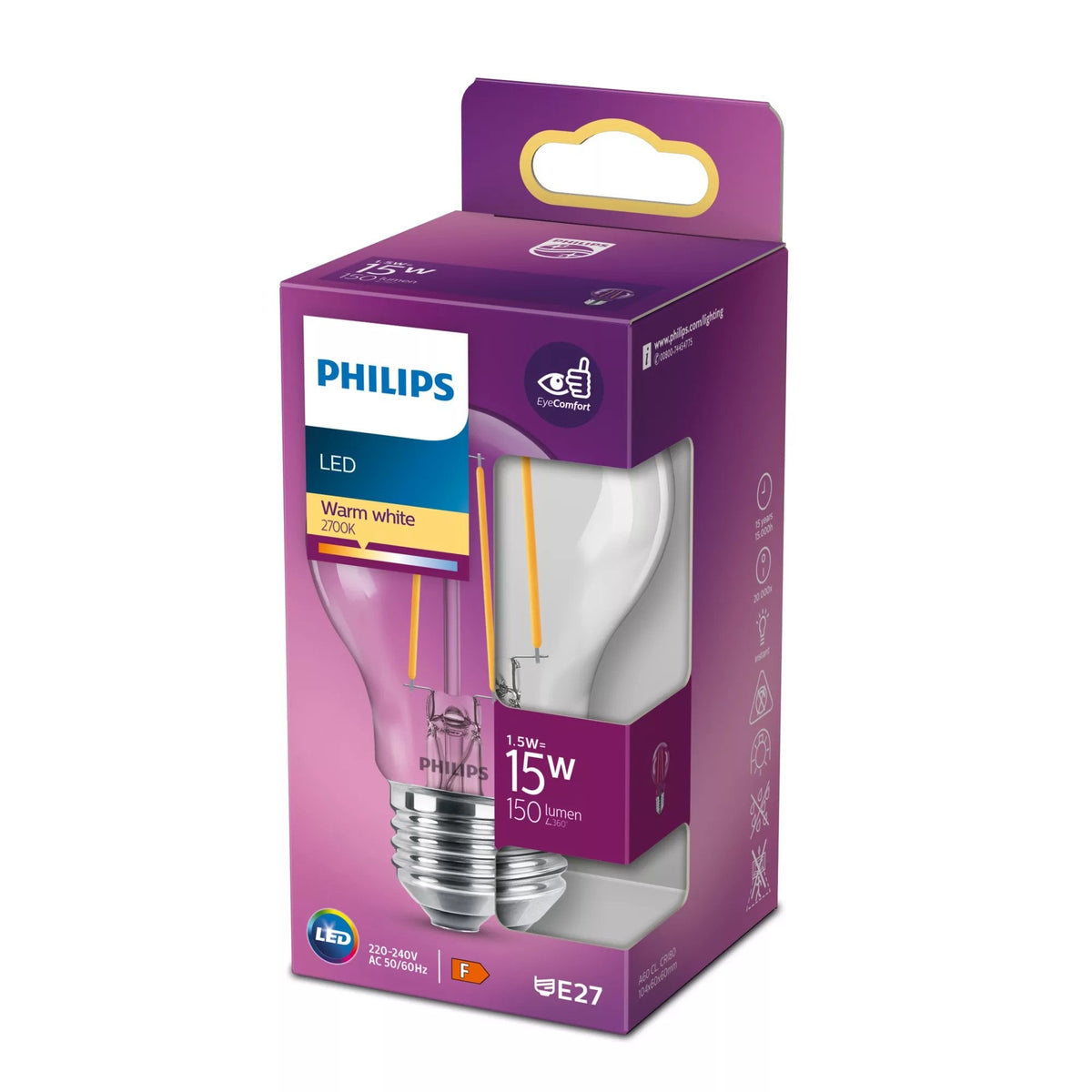 Philips Bombilla Con Led-Filament - Form: A60 - Transparente Finish - E27 - 1.5 W (Equivalente 15 W)