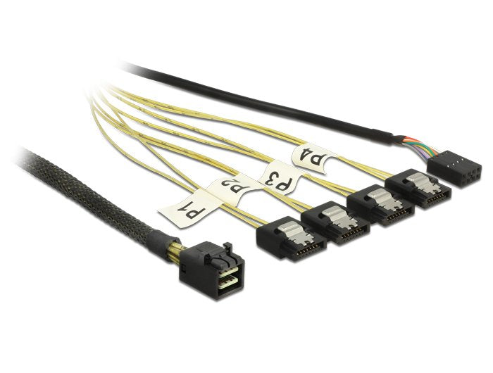Cable De Adaptador De Delock Mini Sas Hd Sff-8643> 4x Sata 7 Pin Reverse Negro, 1 Metro, Con Banda Lateral 83322