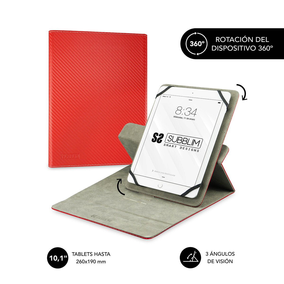 Funda Universal Subblim Rotate 360º Para Tablet Hasta 10.1'/25.6cm Red Rotación 360º Interior Aterciopelado Sistema Cierre Solapa Magnética