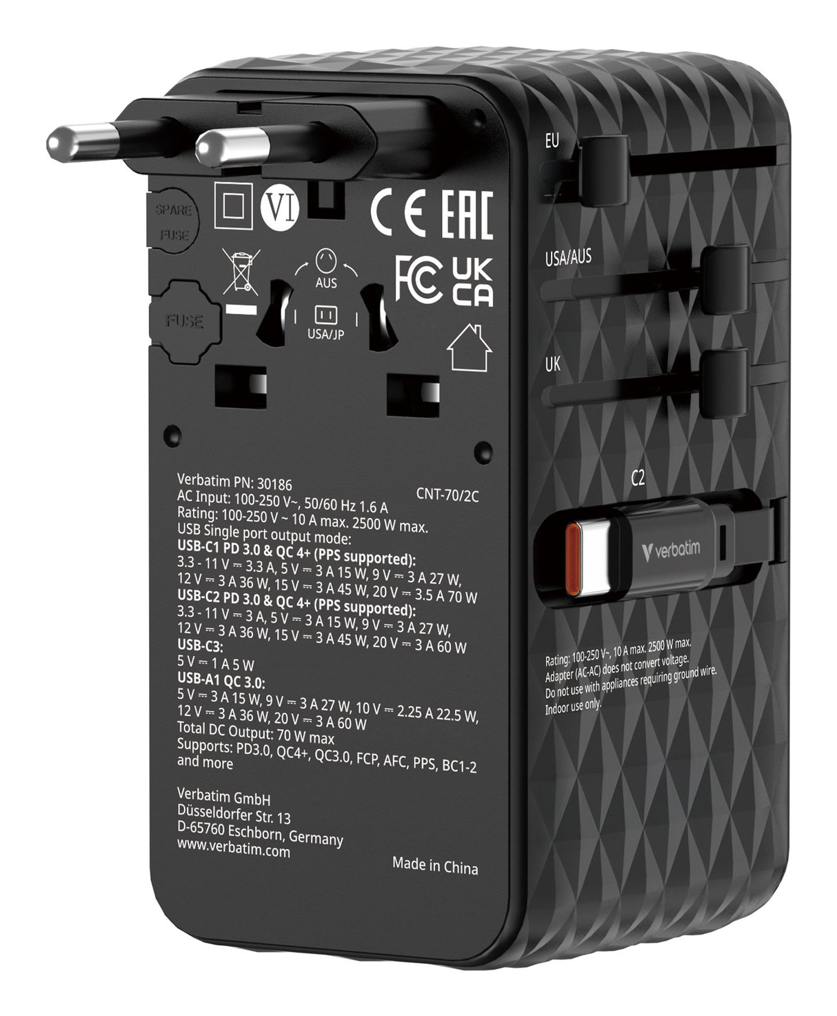 EAN 23942301868 - Verbatim Charge 'n' Travel 70W Universal Negro Corriente alterna Carga rápida Interior imagen 1