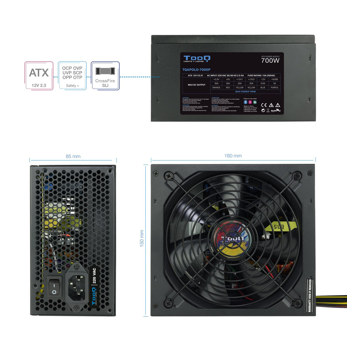 EAN 8433281010307 - TooQ TQAPOLO-700SP unidad de fuente de alimentación 700 W 20+4 pin ATX ATX Negro imagen 4