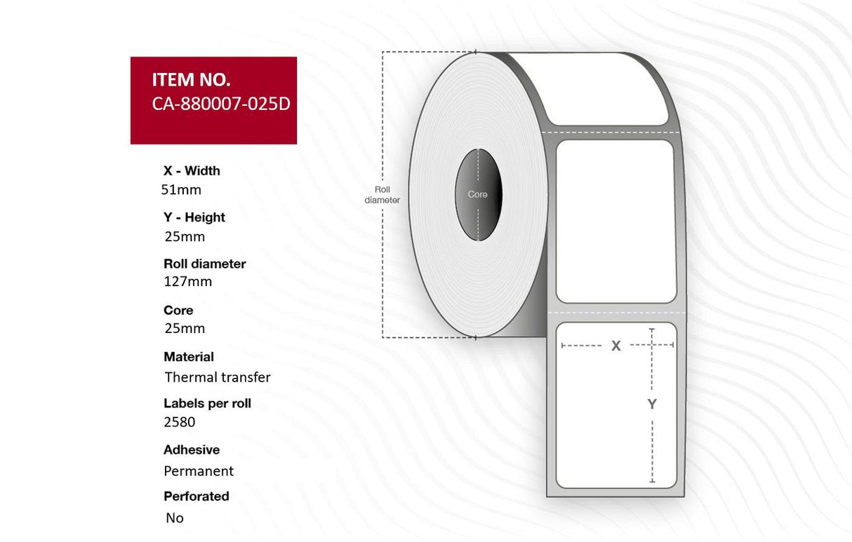 Label 51 X 25mm, Core 25mm, Thermal Transfer, Uncoated,