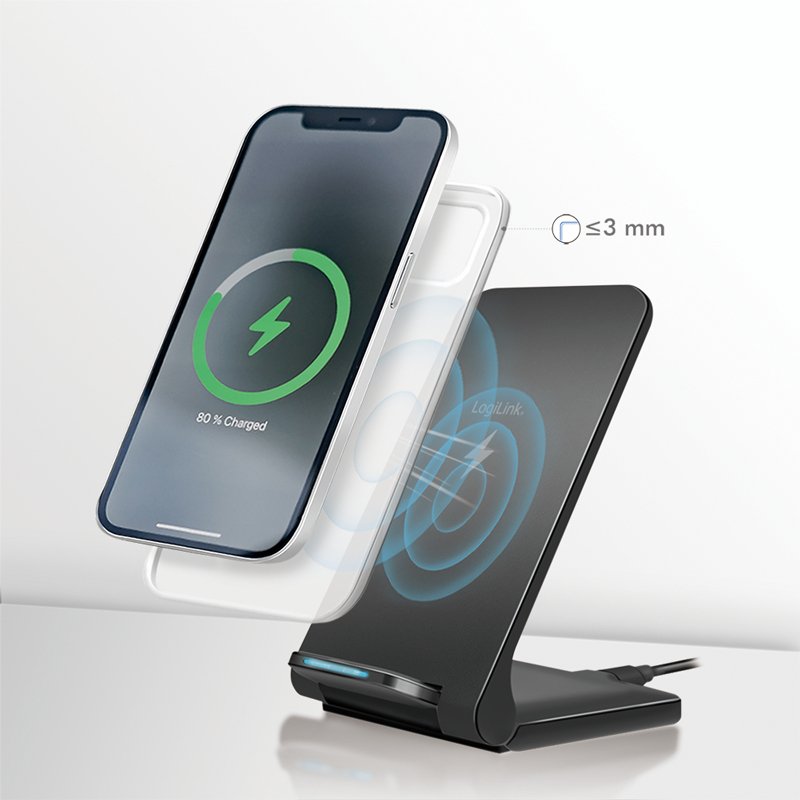 Logilink Wireless Quick Charging Stand 15 W, Twin Coil, Negro
