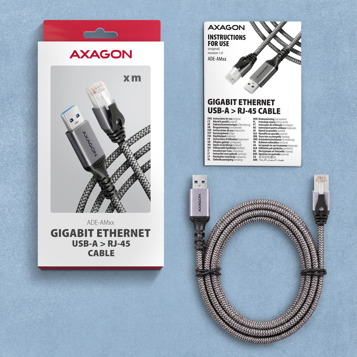 Axagon Ade-Am20 Usb-A 3.2 Gen 1 - Gigabit Ethernet Adapter With Integrated Cat6 Rj-45 Network Cable (2 M), Asix Ax88179b